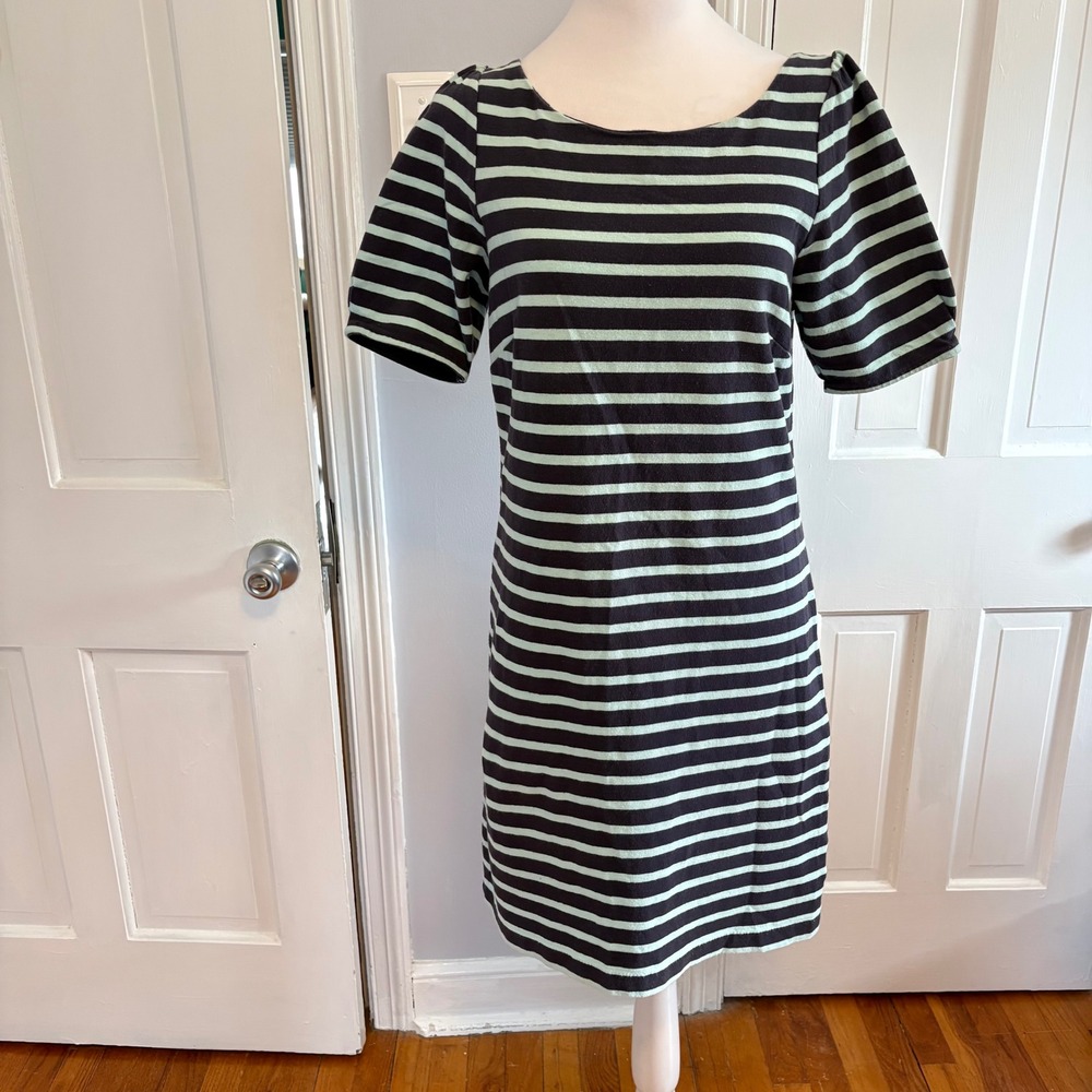 Anthro Women Small T-Shirt Dress Mint Navy Blue Striped Bow Back Short Sleeve